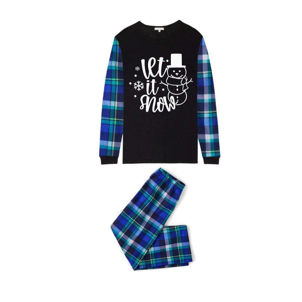 Blue and Green Plaid Christmas Pajamas Set With Snowman and "Let it snow" White and Black Print