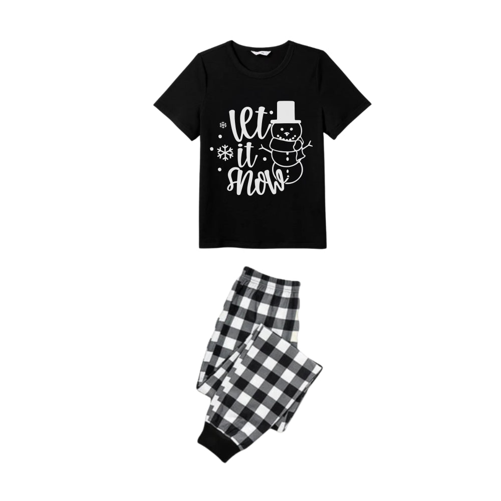 Black and White Plaid Short Sleeve Christmas Pajamas Set with Snowman and Slogan Designs