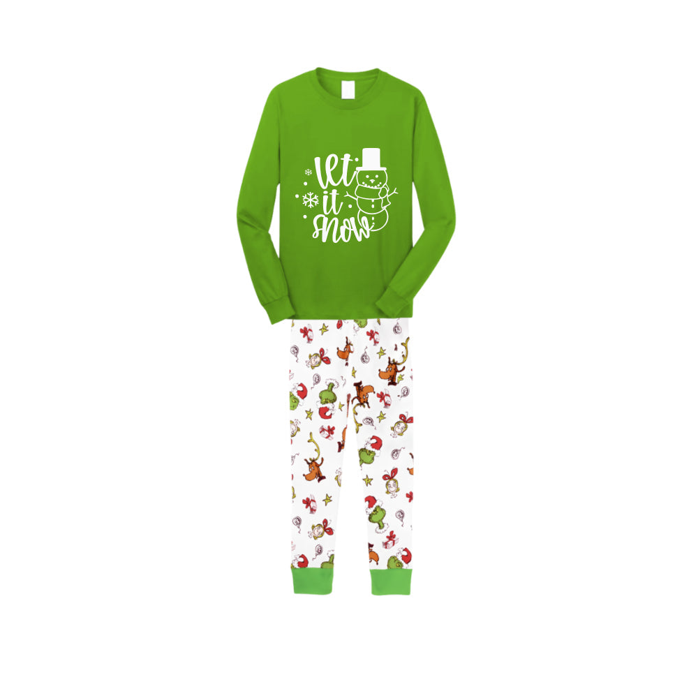 Christmas Family Matching Pajamas-Green Top and Grinch Pants Pjs Set with Snowman and "Let It Snow" Slogan Print