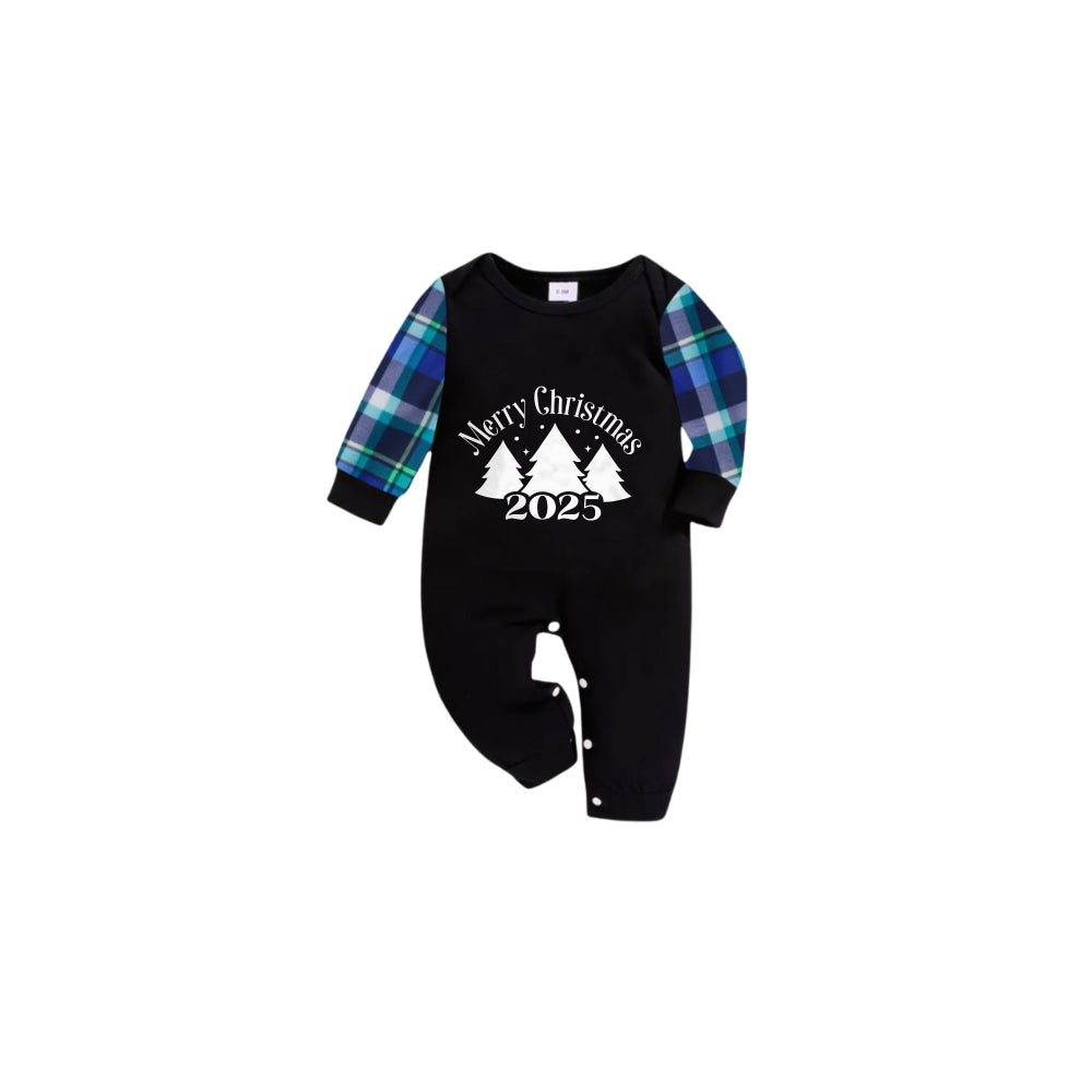Blue and Green Plaid Christmas Pajamas Set With Christmas Trees and "Merry Christmas 2025" White and Black Print