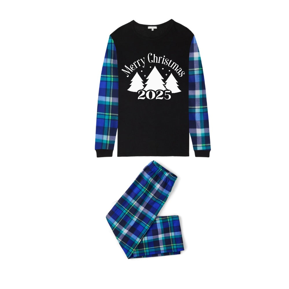Blue and Green Plaid Christmas Pajamas Set With Christmas Trees and "Merry Christmas 2025" White and Black Print