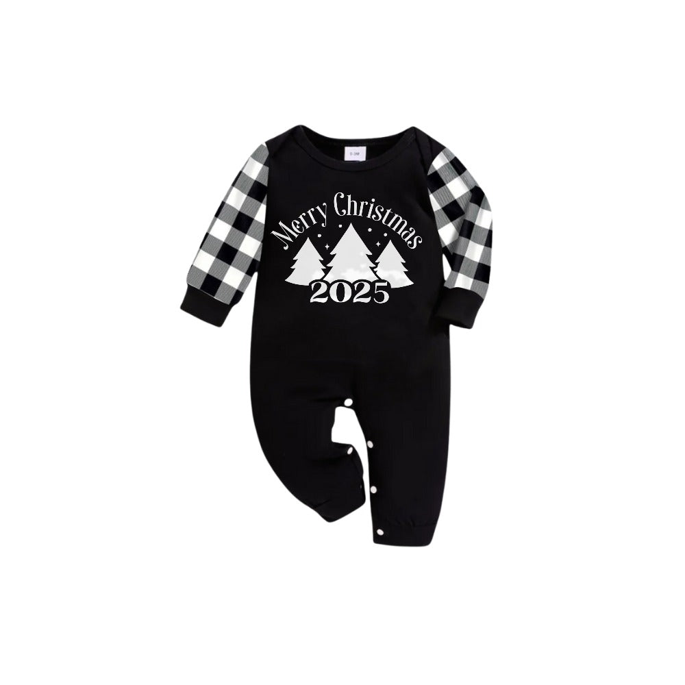 Black and White Plaid Short Sleeve Christmas Pajamas Set with Christmas Tree and Slogan Designs