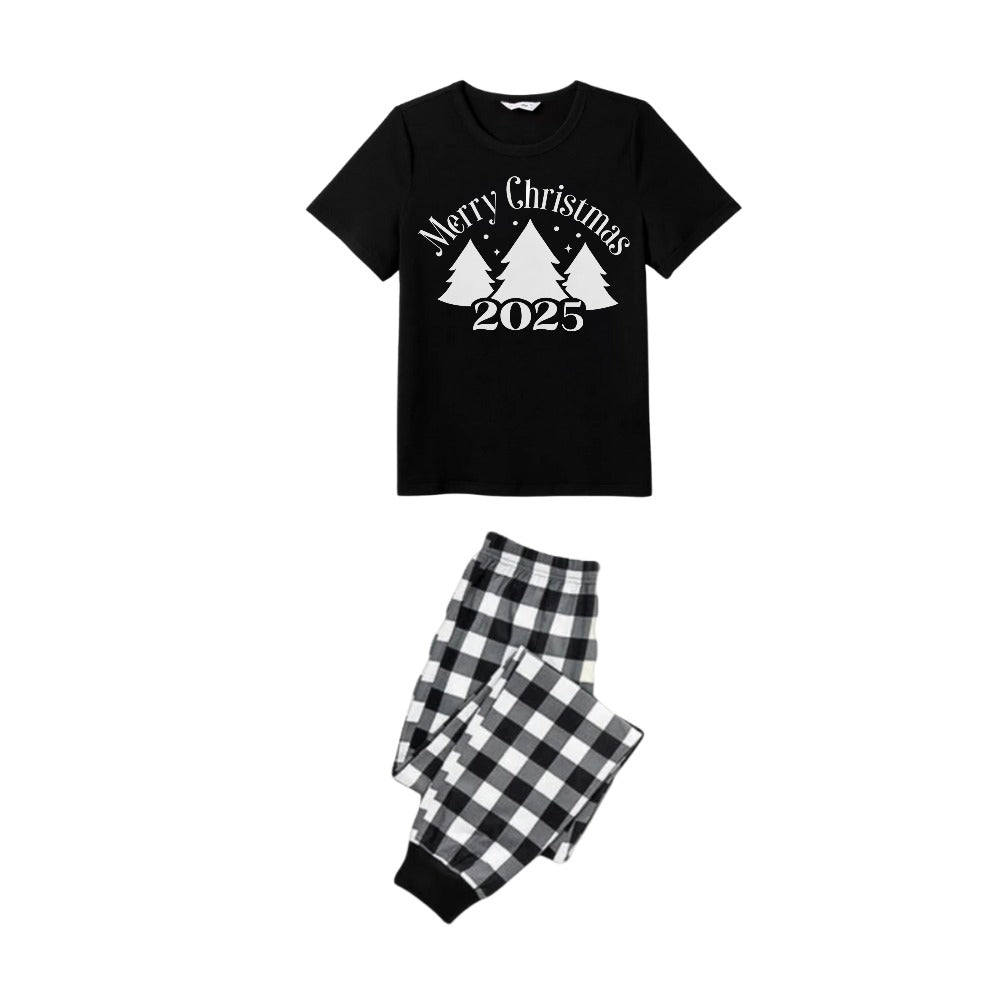 Black and White Plaid Short Sleeve Christmas Pajamas Set with Christmas Tree and Slogan Designs