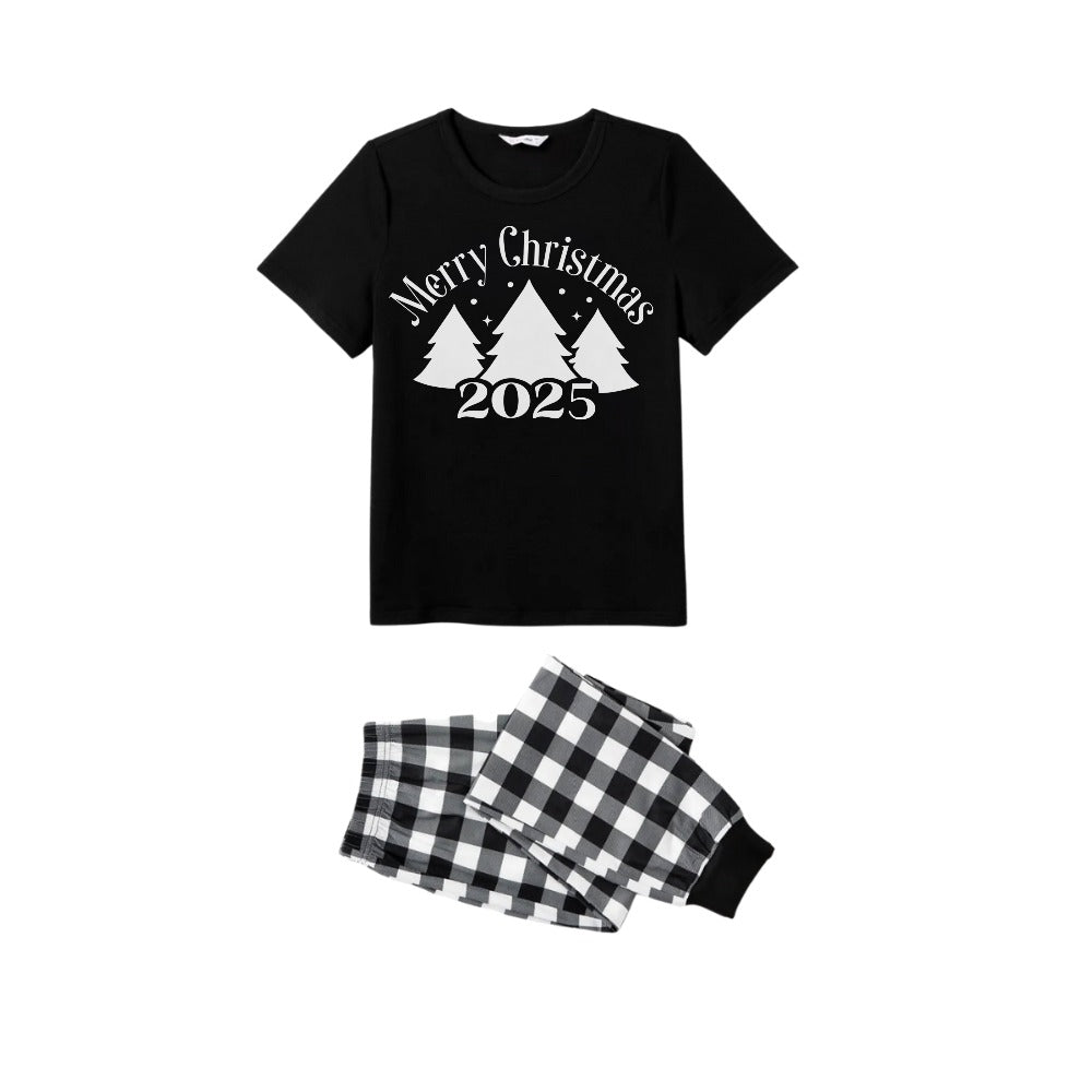 Black and White Plaid Short Sleeve Christmas Pajamas Set with Christmas Tree and Slogan Designs