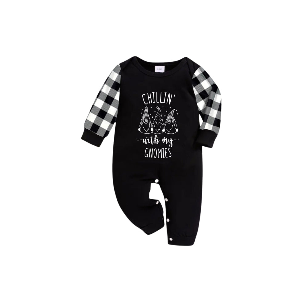 Black and White Plaid Short Sleeve Christmas Pajamas Set with Gnome and Humorous Holiday Text Prints