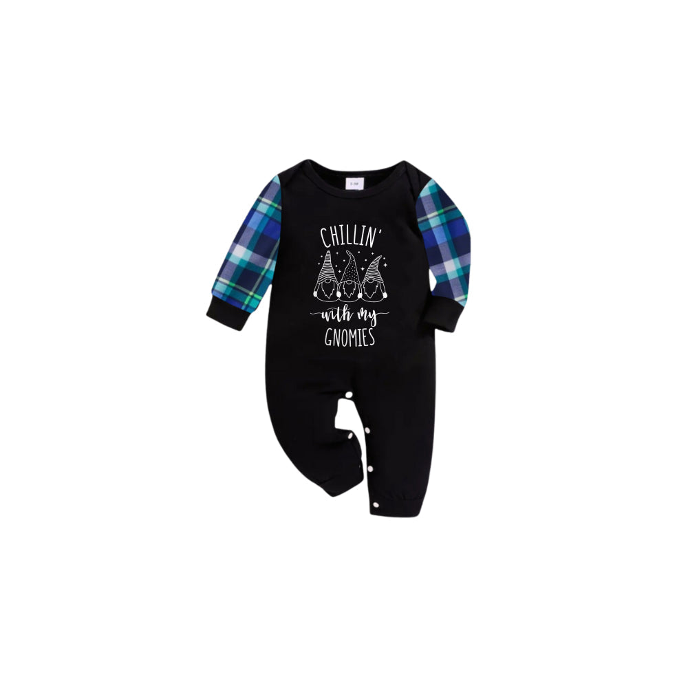 Blue and Green Plaid Christmas Pajamas Set With "Chillin' with my Gnomies" White and Black Print