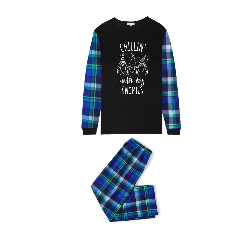 Blue and Green Plaid Christmas Pajamas Set With "Chillin' with my Gnomies" White and Black Print