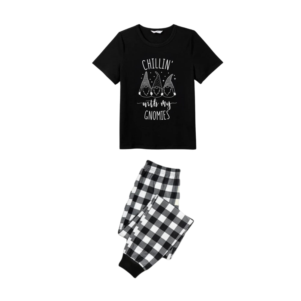 Black and White Plaid Short Sleeve Christmas Pajamas Set with Gnome and Humorous Holiday Text Prints