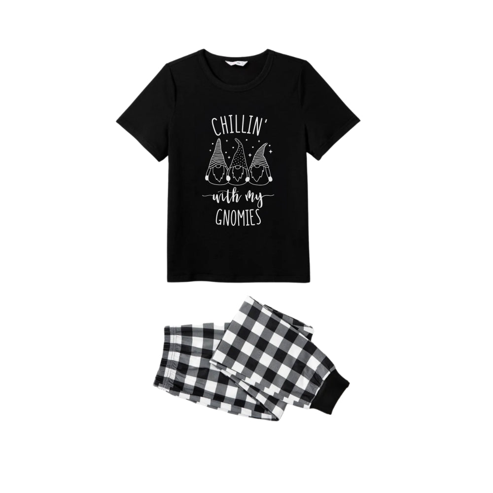 Black and White Plaid Short Sleeve Christmas Pajamas Set with Gnome and Humorous Holiday Text Prints