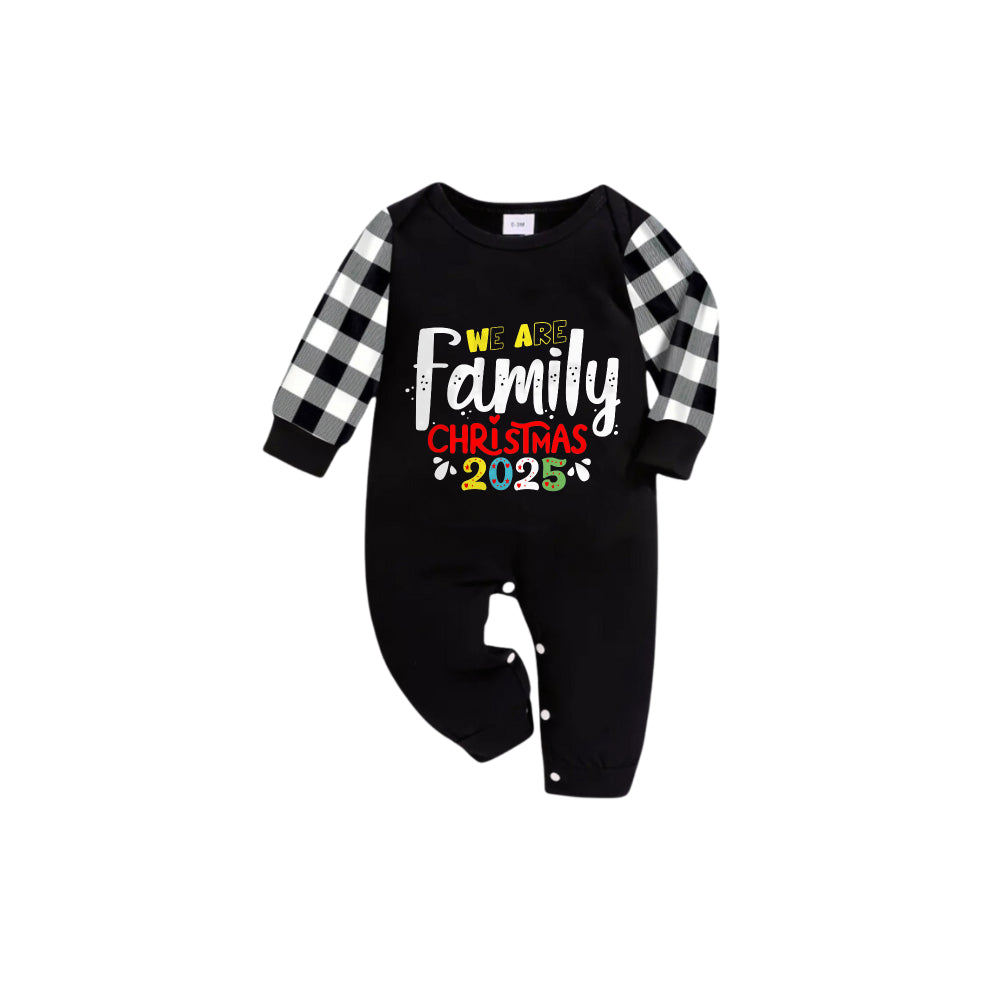 Black and White Plaid Short Sleeve Christmas Pajamas Set with Christmas Text Patterns