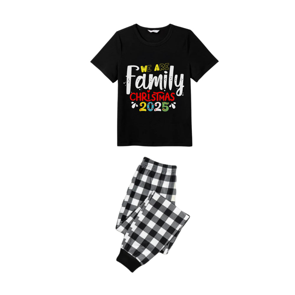 Black and White Plaid Short Sleeve Christmas Pajamas Set with Christmas Text Patterns