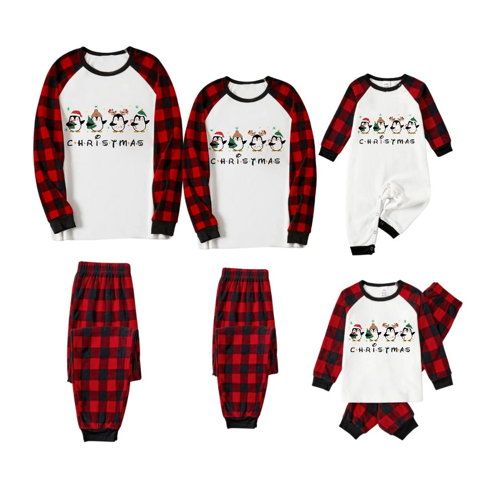 Red and Black Plaid Christmas Pajamas Set With Christmas Penguin Cartoon Print