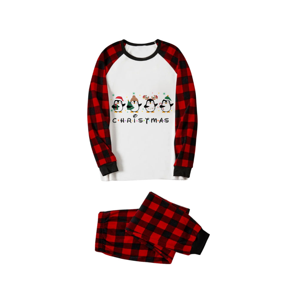 Red and Black Plaid Christmas Pajamas Set With Christmas Penguin Cartoon Print