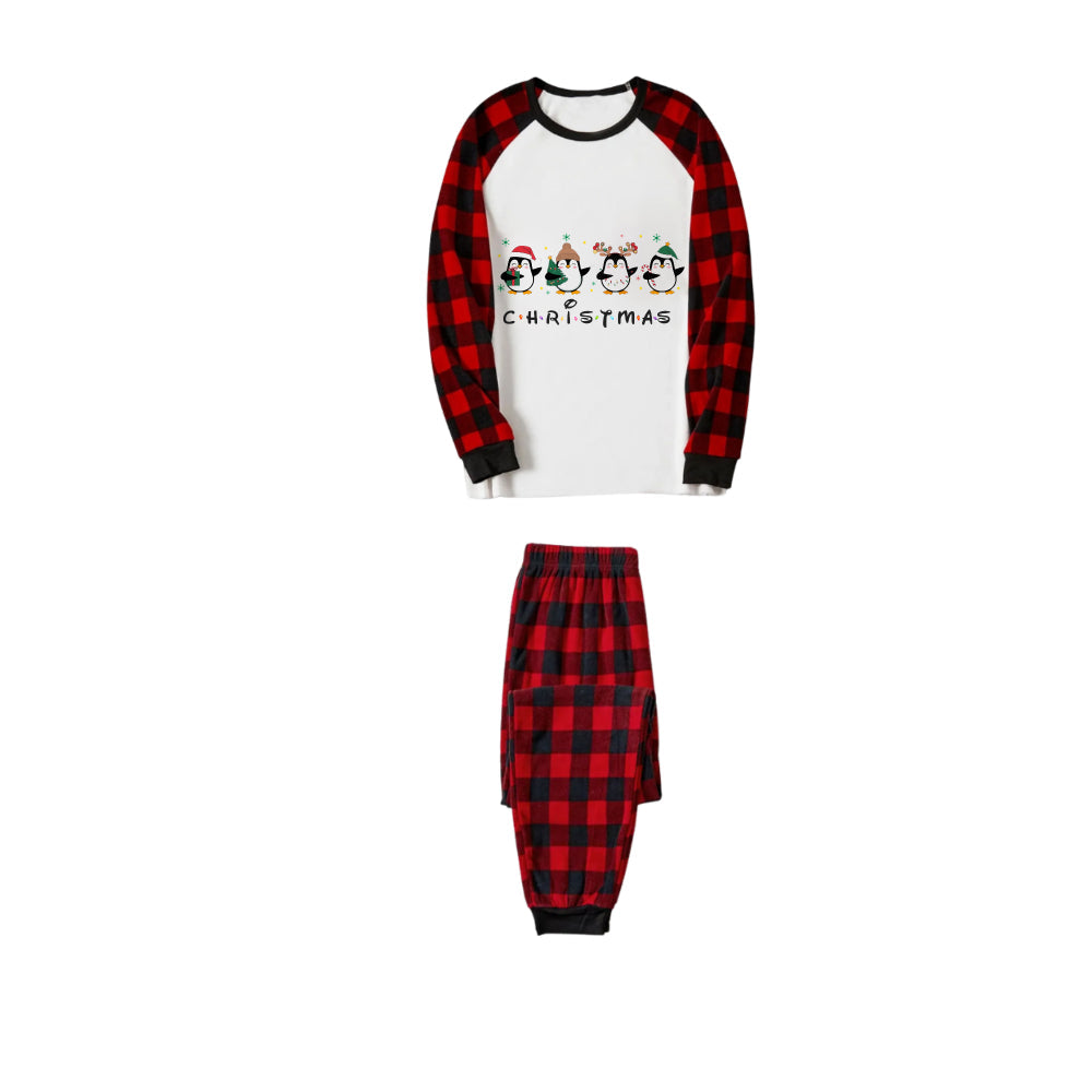 Red and Black Plaid Christmas Pajamas Set With Christmas Penguin Cartoon Print