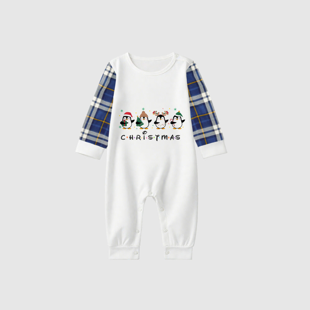 Christmas Family Matching Pajamas-Blue Raglan Top Blue Plaid Pants Pjs Set with Penguin and "Christmas" Letter Print