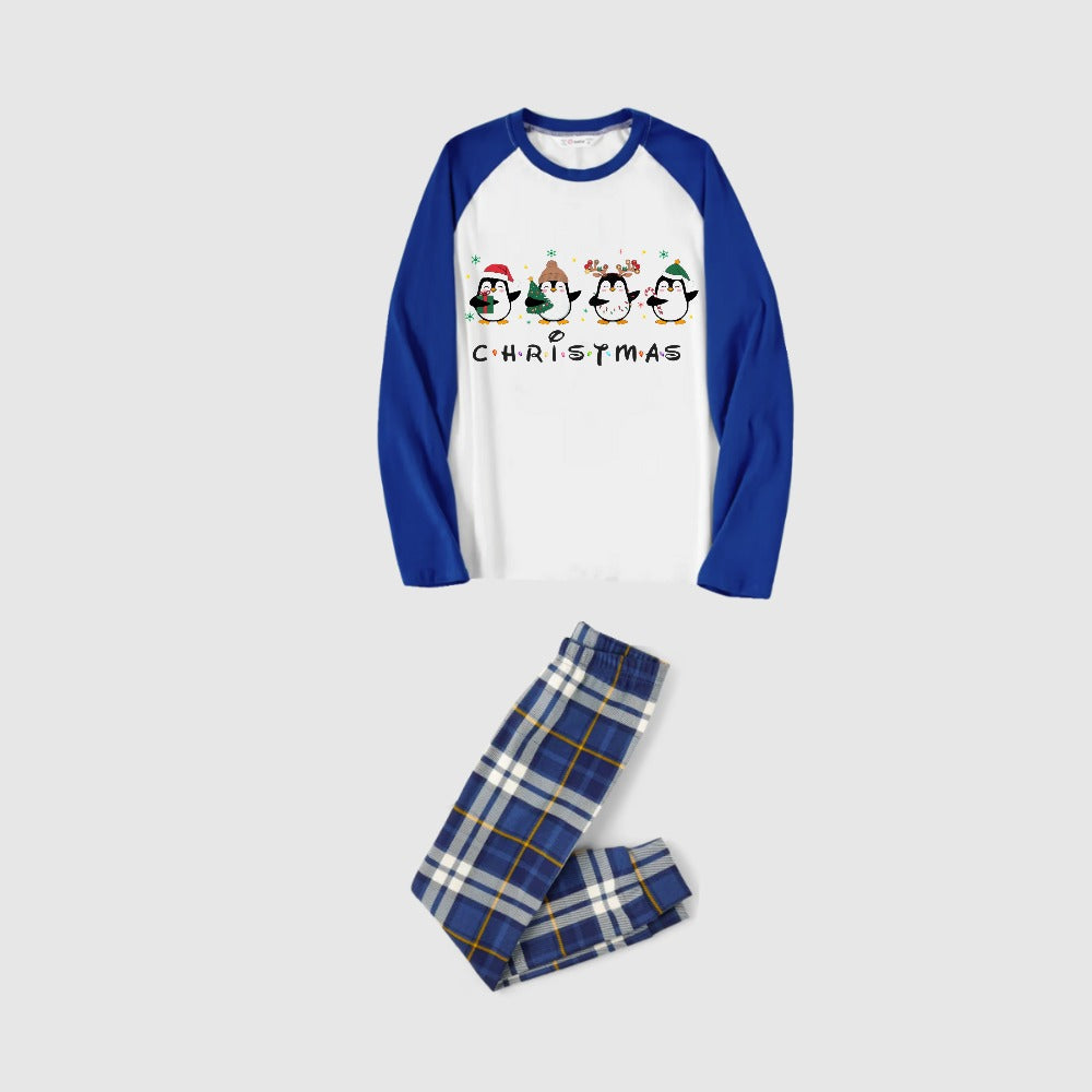 Christmas Family Matching Pajamas-Blue Raglan Top Blue Plaid Pants Pjs Set with Penguin and "Christmas" Letter Print