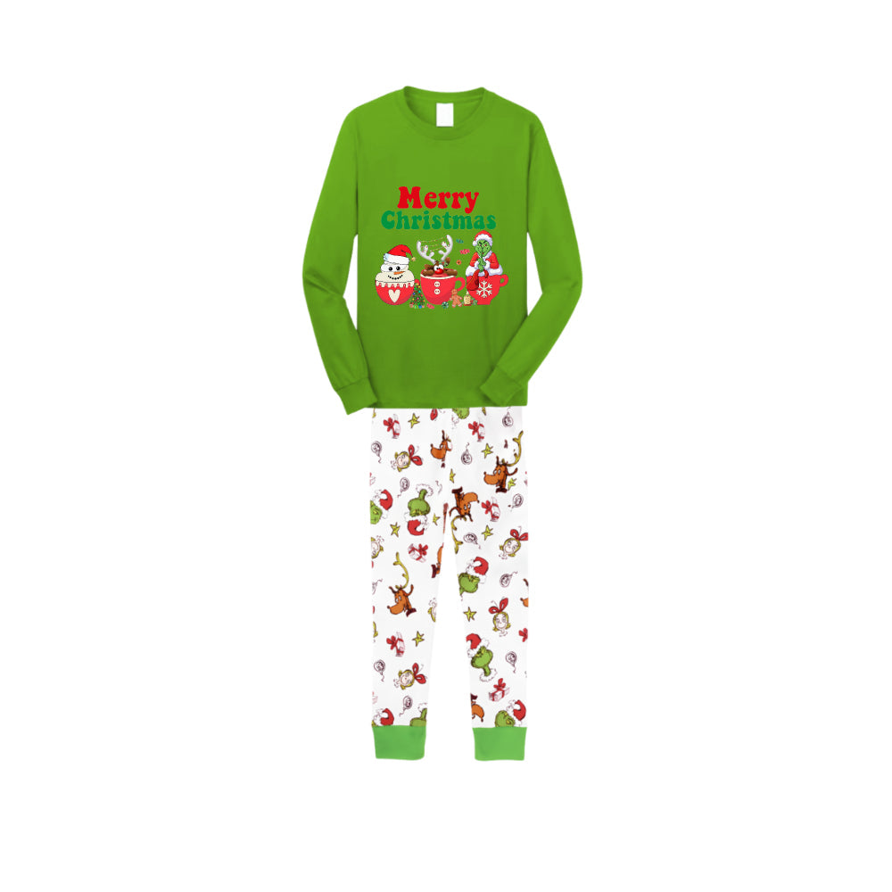 Christmas Family Matching Pajamas-Green Top and Grinch Pants Pjs Set with "Merry Christmas" and Grinch Pattern Print