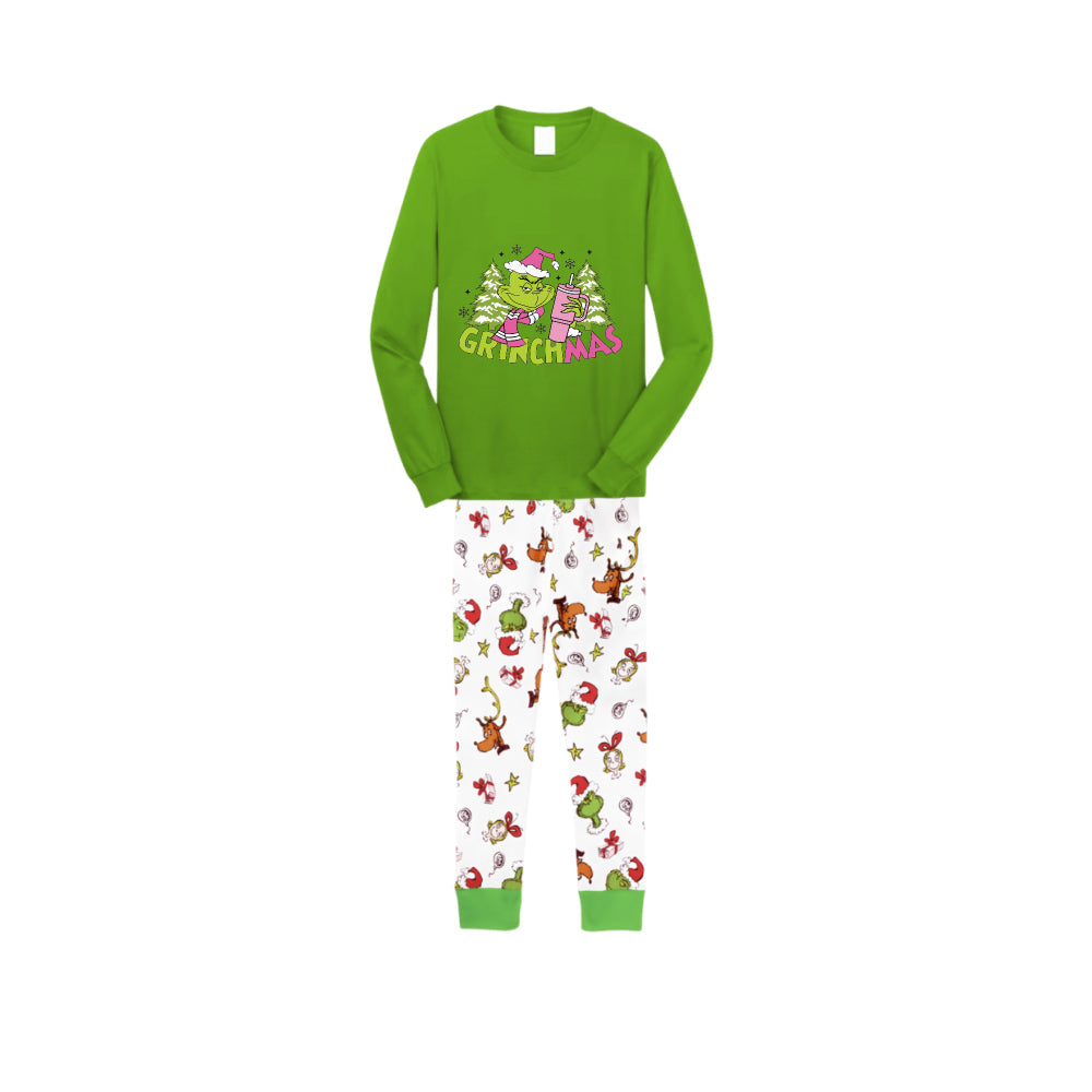 Christmas Family Matching Pajamas-Green Top and Grinch Pants Pjs Set with "Grinchmas" Pattern Print