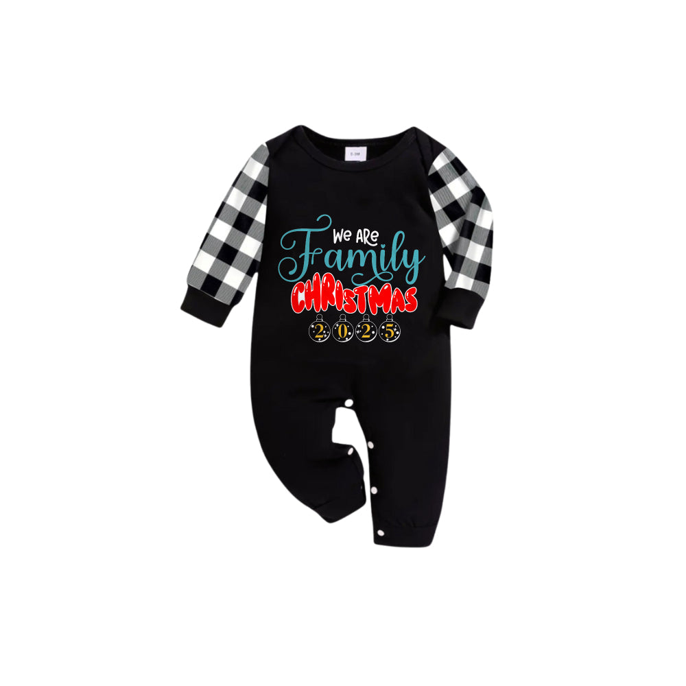 Black and White Plaid Short Sleeve Christmas Pajamas Set With We are Family Festive Lettering Print