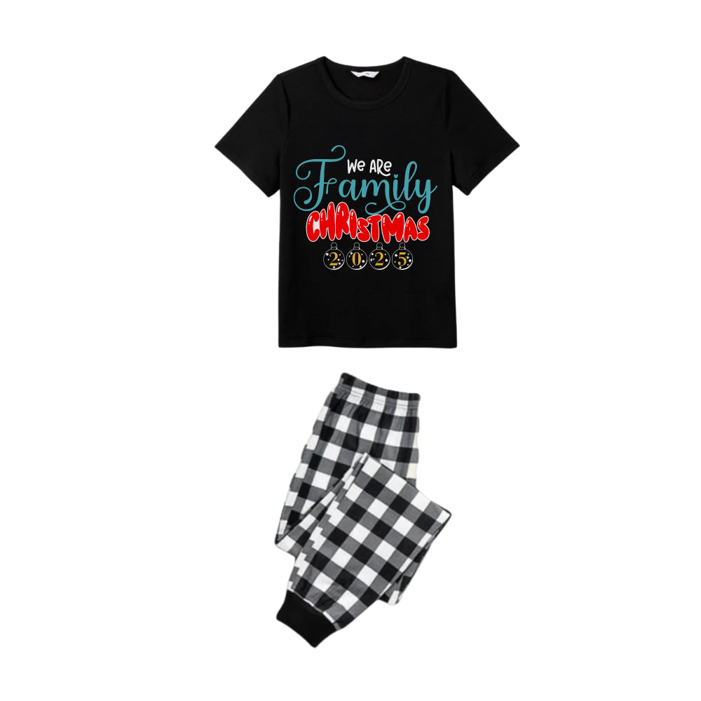 Black and White Plaid Short Sleeve Christmas Pajamas Set With We are Family Festive Lettering Print