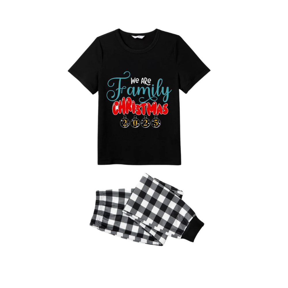 Black and White Plaid Short Sleeve Christmas Pajamas Set With We are Family Festive Lettering Print