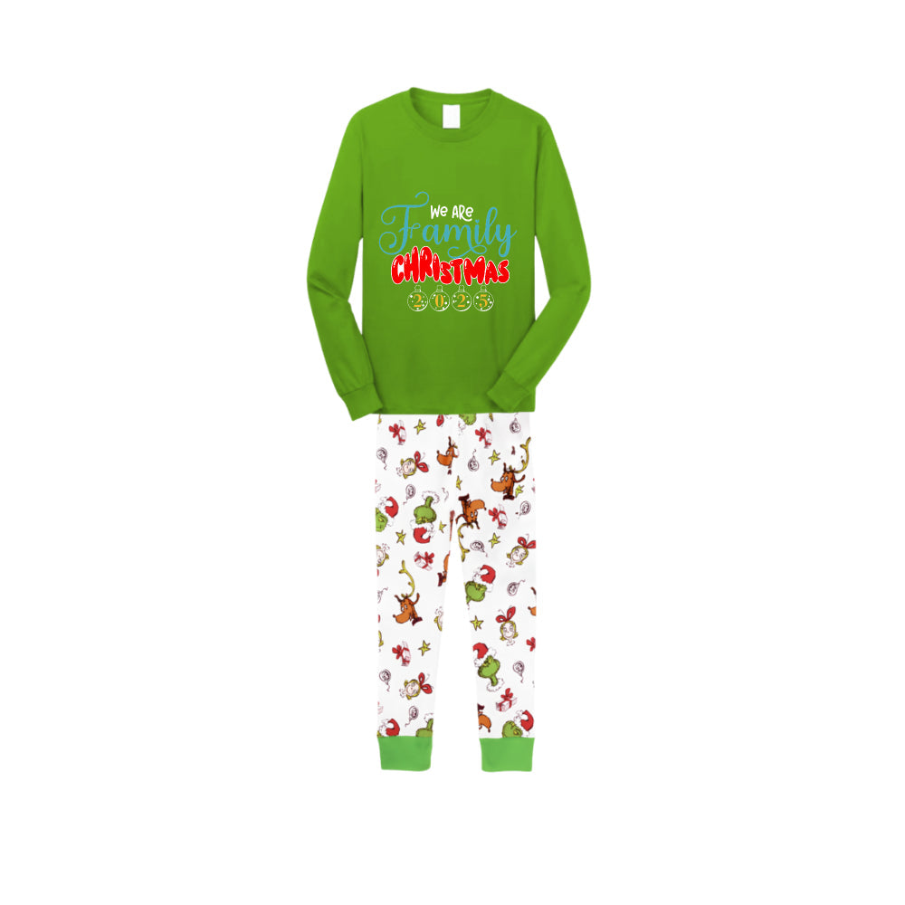 Christmas Family Matching Pajamas-Green Top and Grinch Pants Pjs Set with "We Are Family Christmas 2025" Print