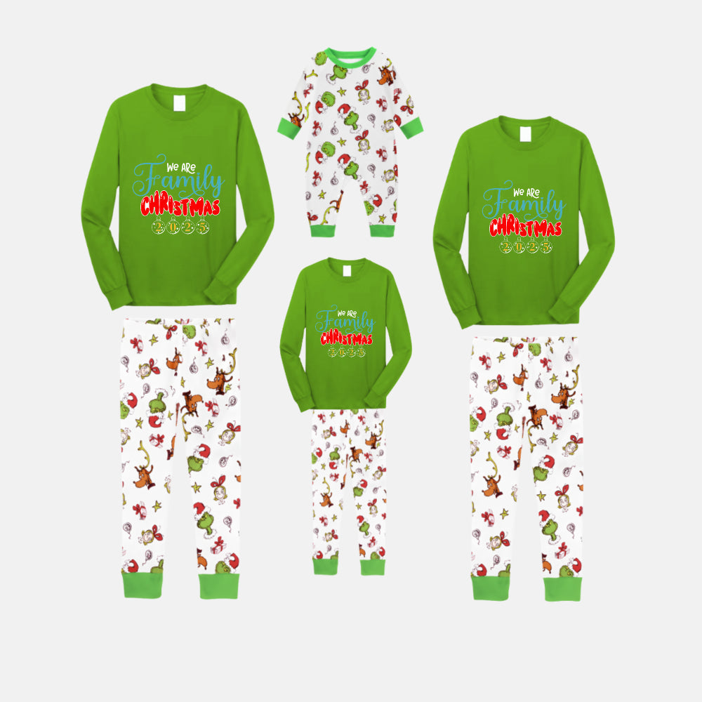 Christmas Family Matching Pajamas-Green Top and Grinch Pants Pjs Set with "We Are Family Christmas 2025" Print