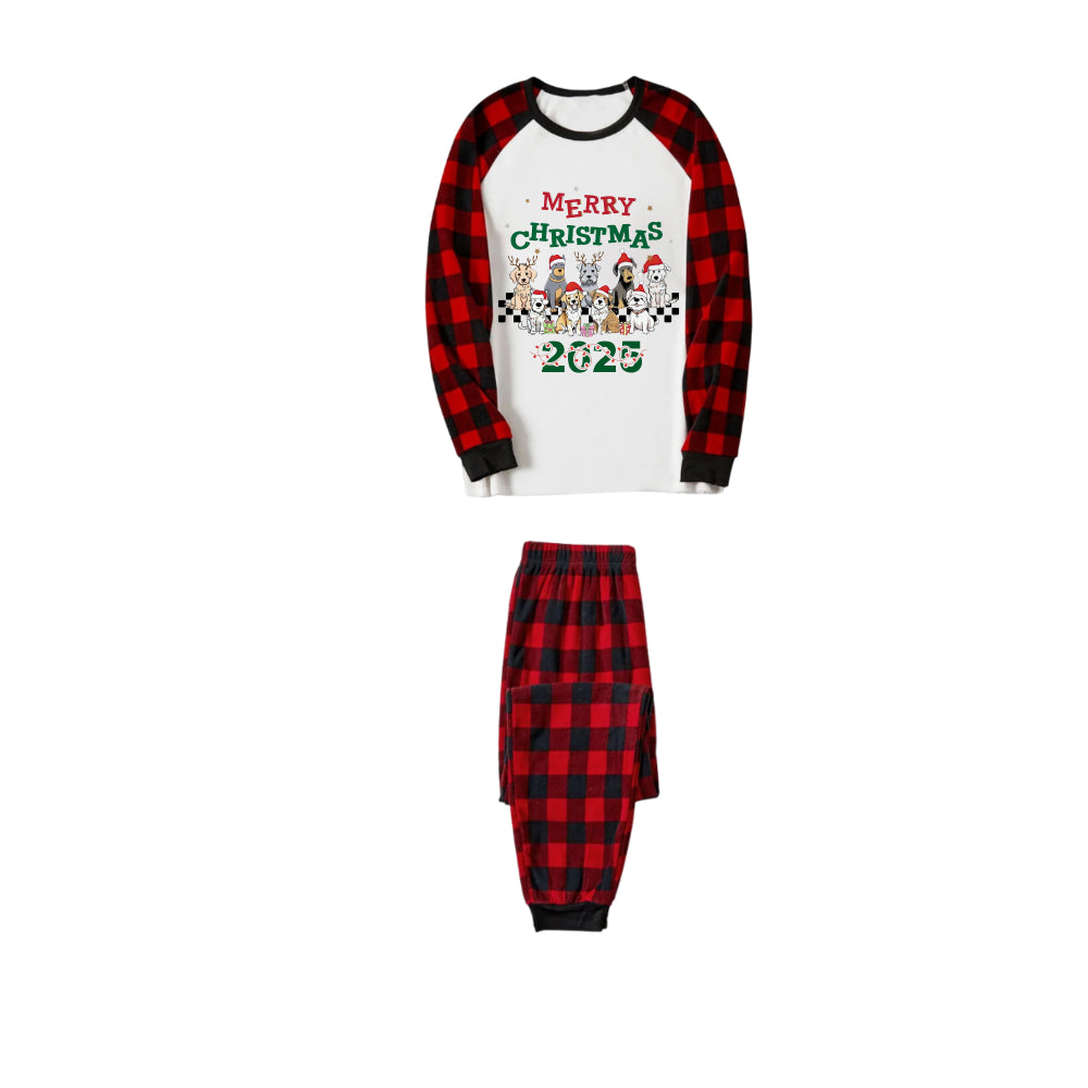 Red and Black Plaid Christmas Pajamas Set With Cute Doggy and Merry Christmas 2025 Cartoon Print