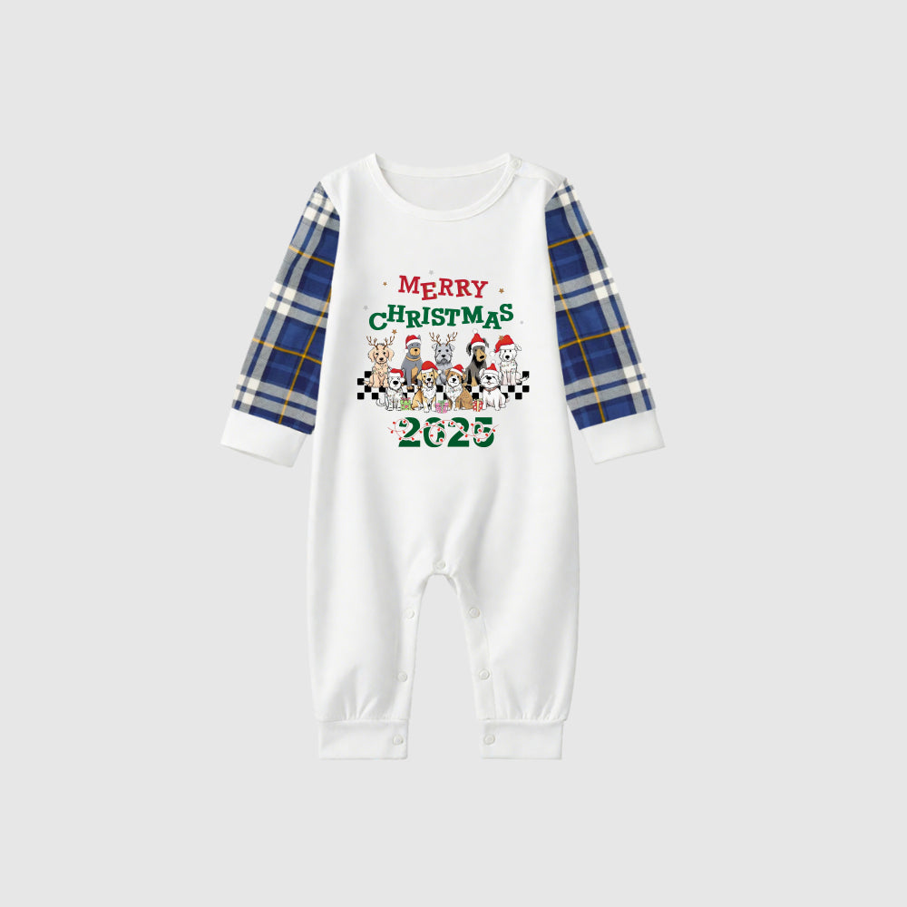 Christmas Family Matching Pajamas-Blue Raglan Top Blue Plaid Pants Pjs Set with Doggy and "Merry Christmas" Letter Print