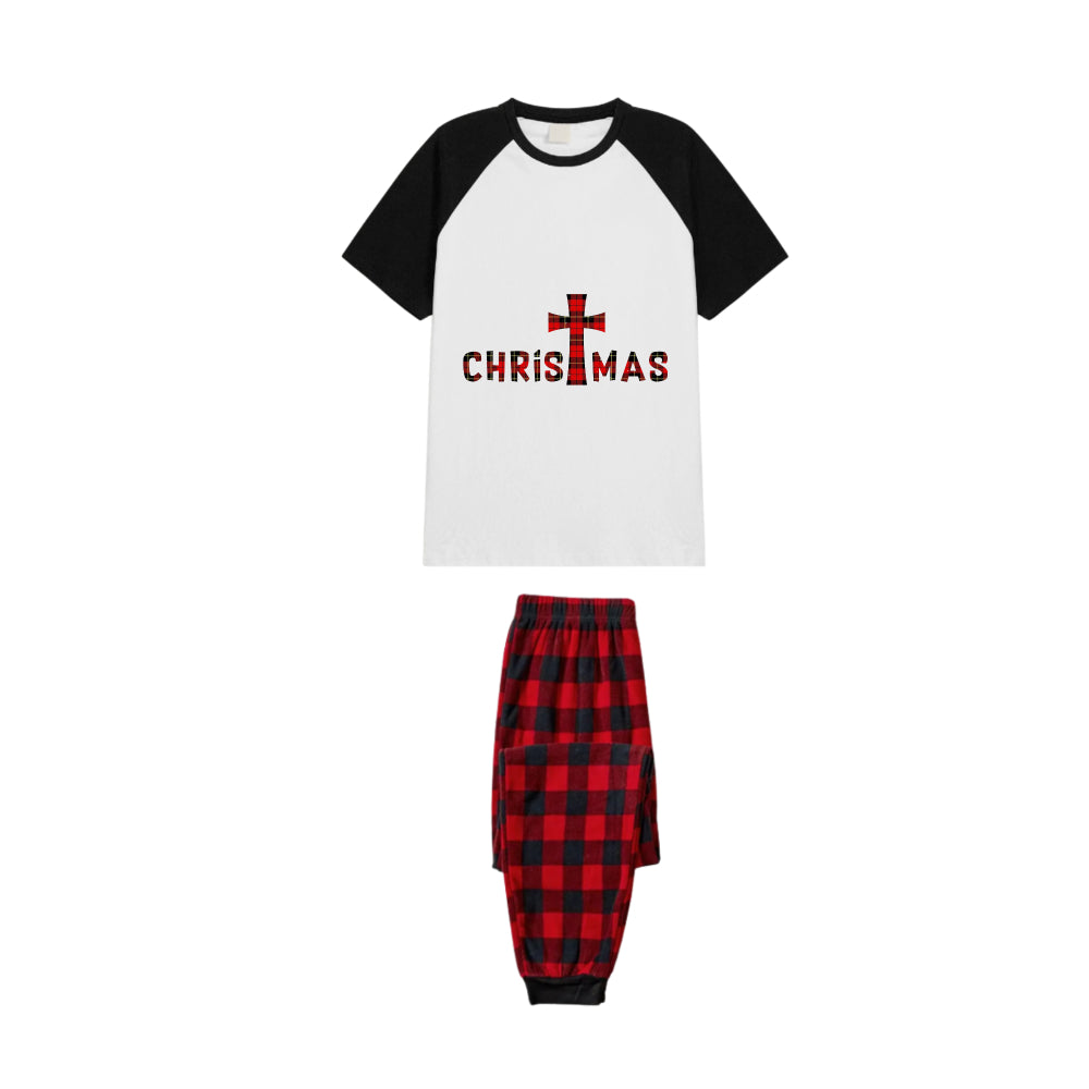 Black and Red Plaid Raglan Short Sleeve Pajamas Set With "Christmas" Artistic Text Print