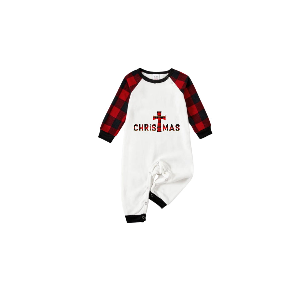 Black and Red Plaid Raglan Short Sleeve Pajamas Set With "Christmas" Artistic Text Print