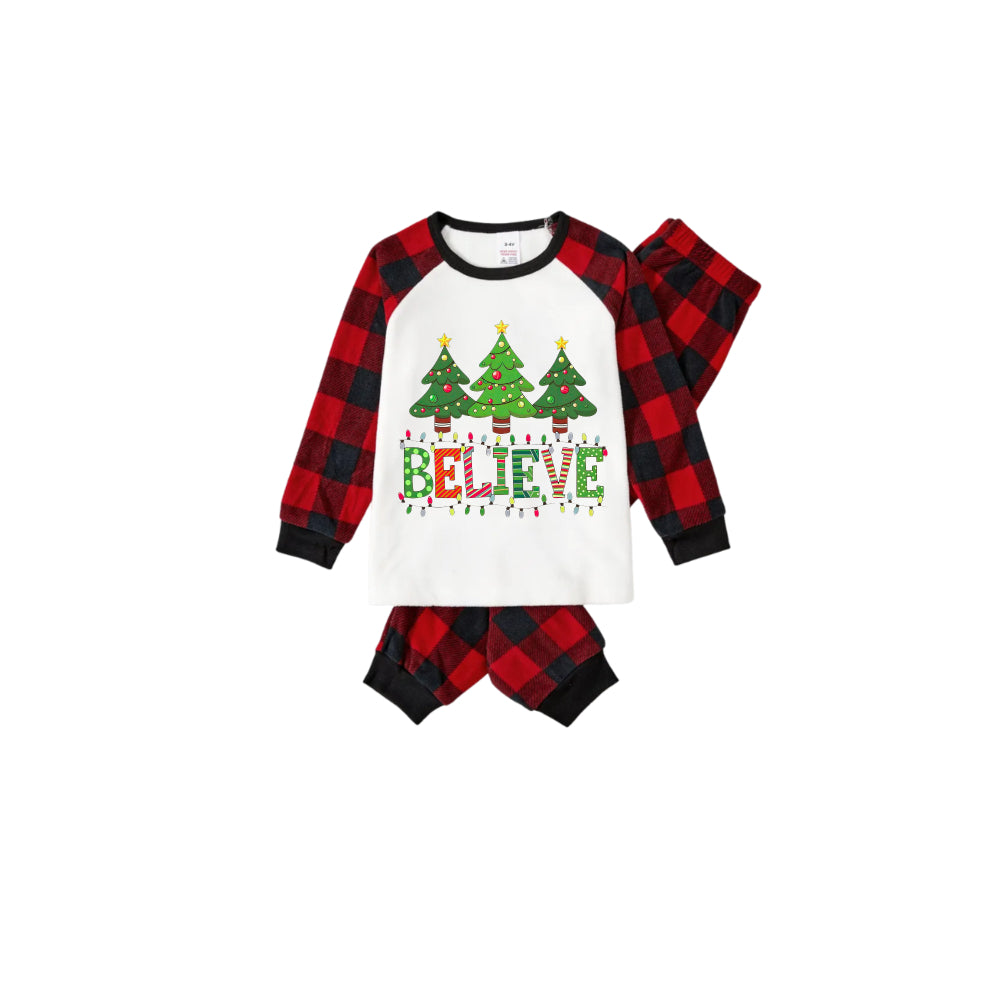 Red and Black Plaid Christmas Pajamas Set With Christmas Tree and "Believe" Print
