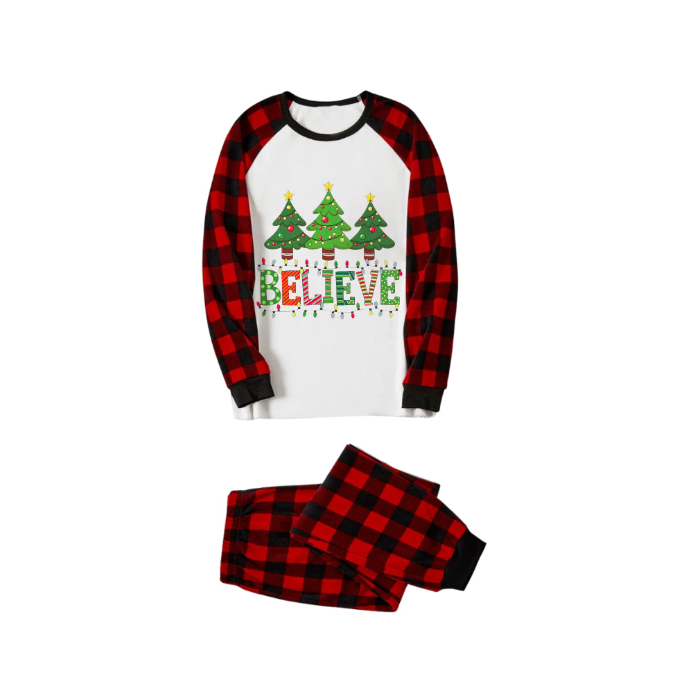 Red and Black Plaid Christmas Pajamas Set With Christmas Tree and "Believe" Print