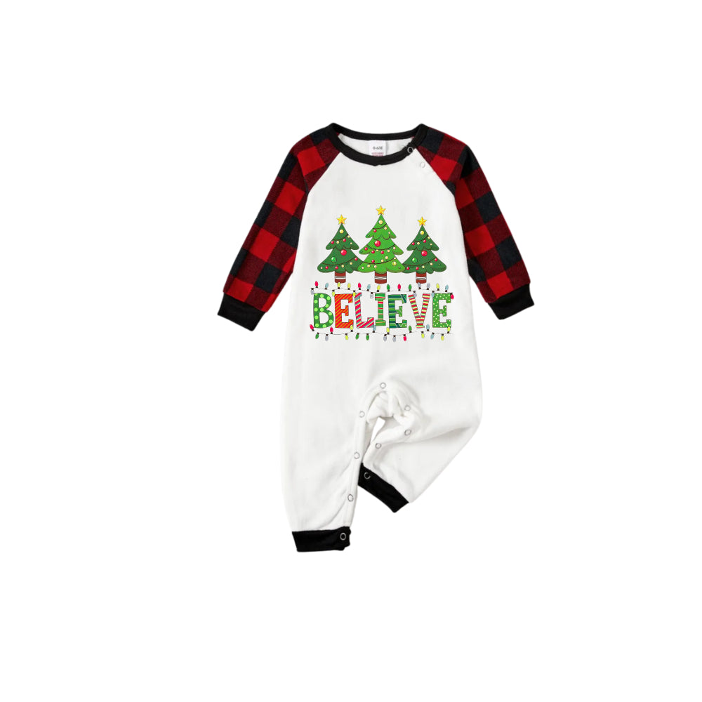 Red and Black Plaid Christmas Pajamas Set With Christmas Tree and "Believe" Print