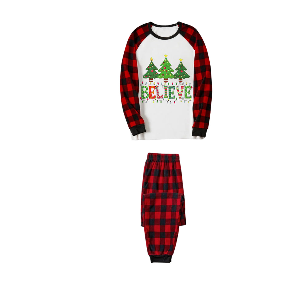 Red and Black Plaid Christmas Pajamas Set With Christmas Tree and "Believe" Print