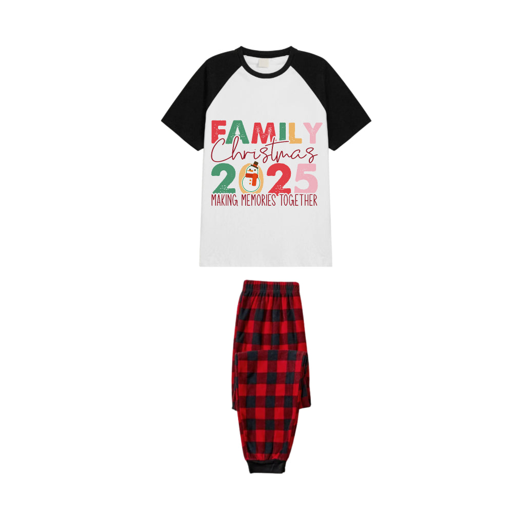Black and Red Plaid Raglan Short Sleeve Pajamas Set With Snowman and "Family Christmas 2025 Making Memories Together" Slogan Print