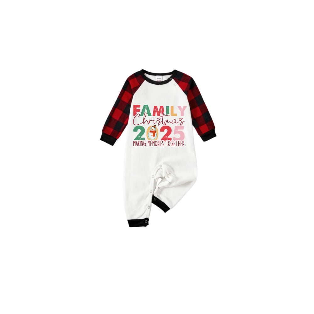 Black and Red Plaid Raglan Short Sleeve Pajamas Set With Snowman and "Family Christmas 2025 Making Memories Together" Slogan Print