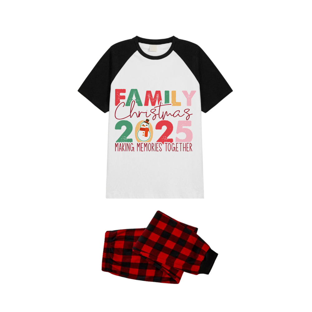 Black and Red Plaid Raglan Short Sleeve Pajamas Set With Snowman and "Family Christmas 2025 Making Memories Together" Slogan Print