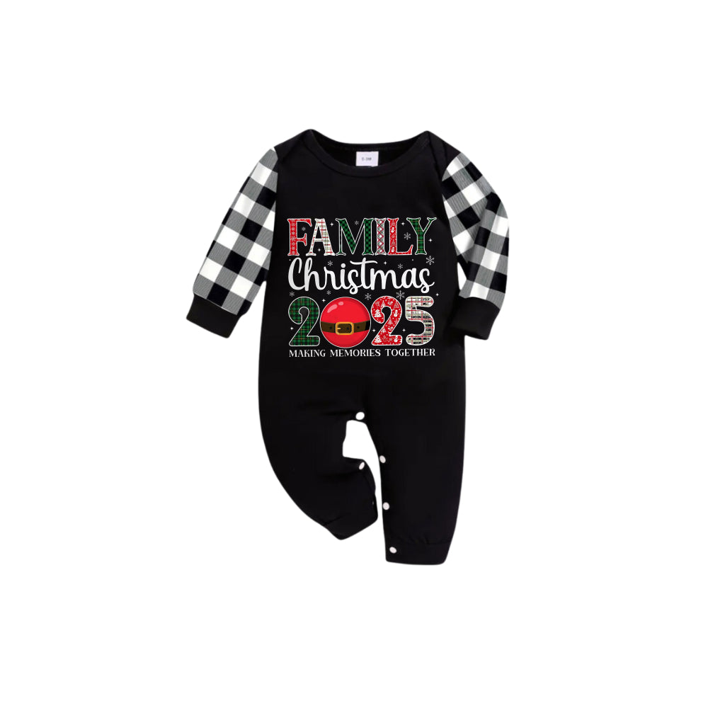 Black and White Plaid Short Sleeve Christmas Pajamas Set With Santa Motif Print