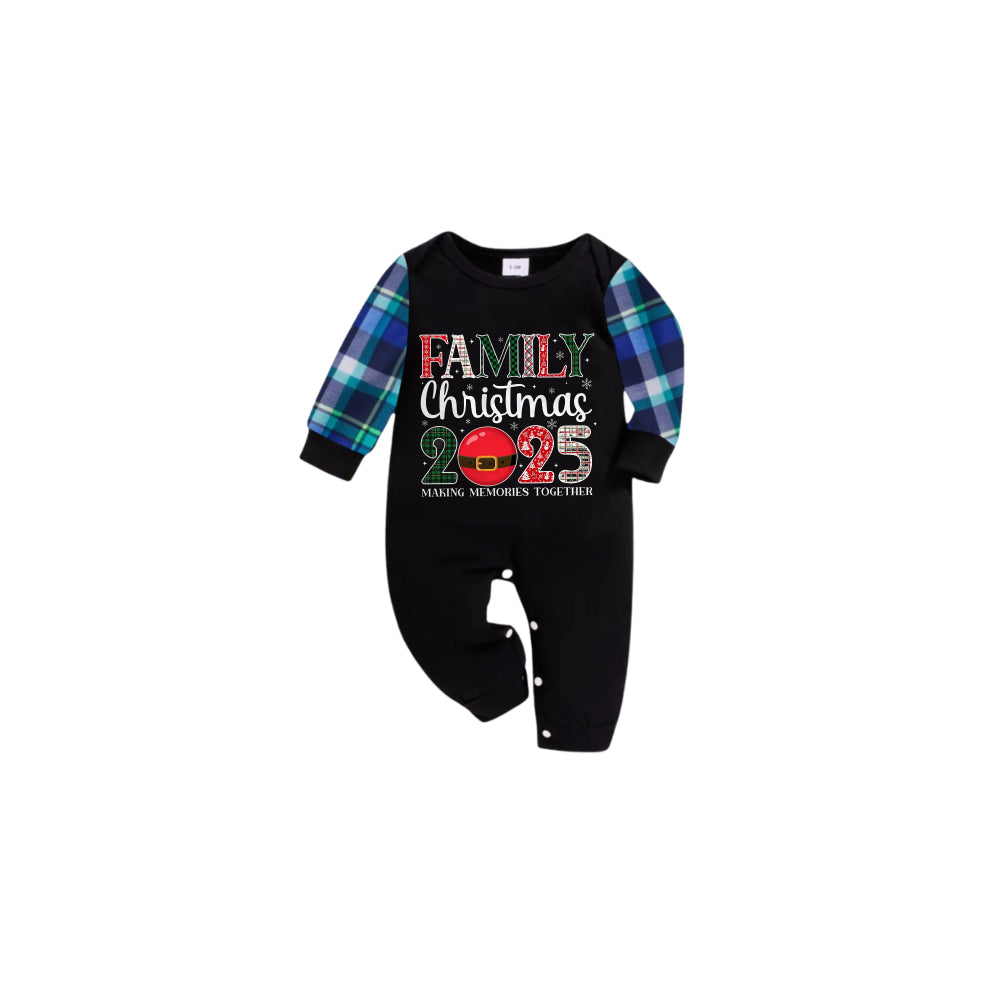 Blue and Green Plaid Christmas Pajamas Set With "FAMILY Christmas 2025" Colorful Text Print