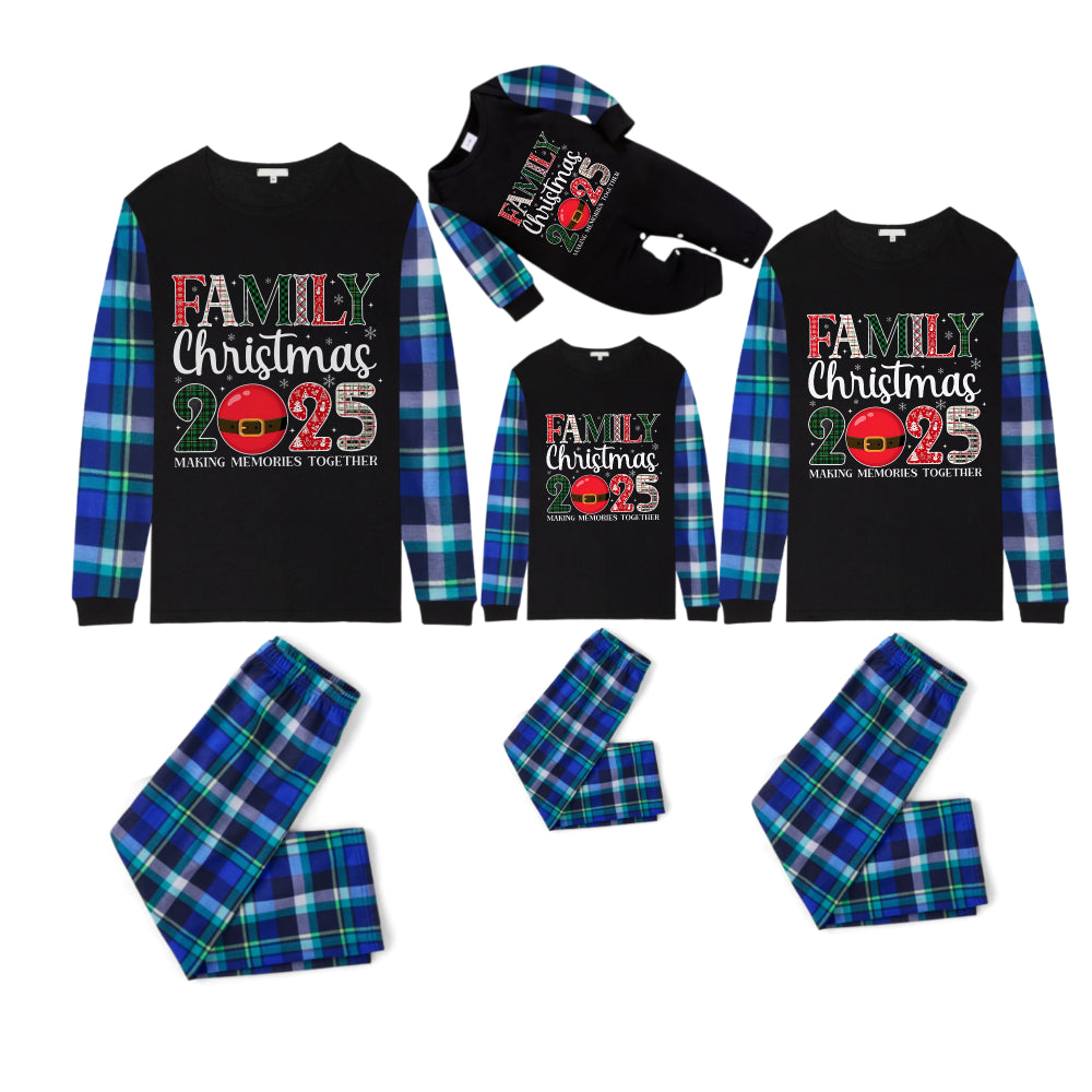 Blue and Green Plaid Christmas Pajamas Set With "FAMILY Christmas 2025" Colorful Text Print