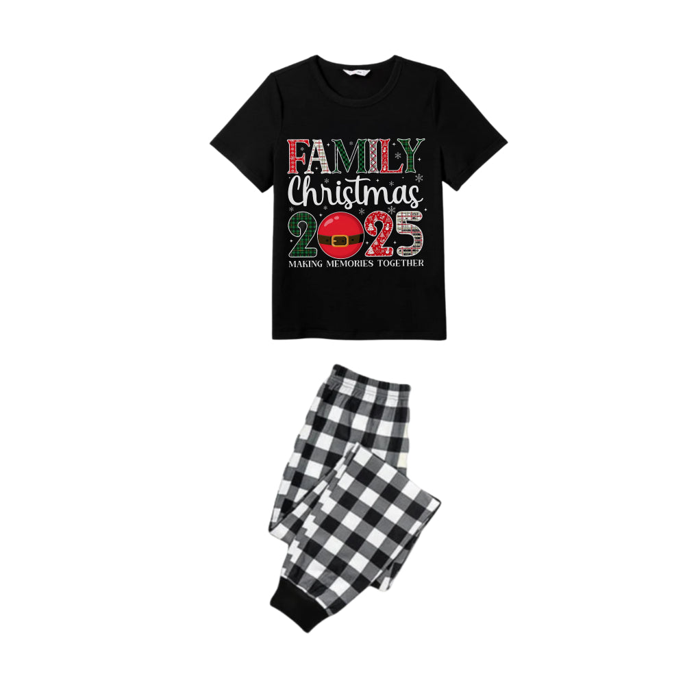 Black and White Plaid Short Sleeve Christmas Pajamas Set With Santa Motif Print