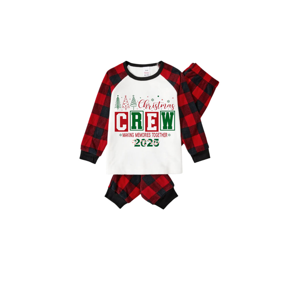 Red and Black Plaid Christmas Pajamas Set With Christmas Tree and "Christmas Crew Making Memories Together" Text Print