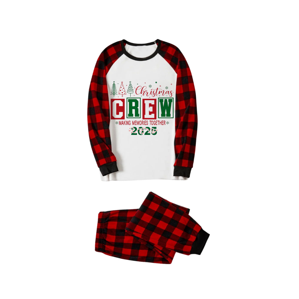 Red and Black Plaid Christmas Pajamas Set With Christmas Tree and "Christmas Crew Making Memories Together" Text Print