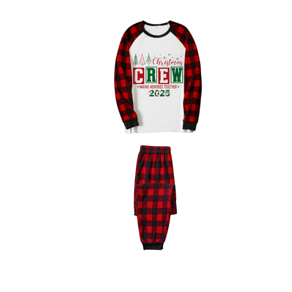 Red and Black Plaid Christmas Pajamas Set With Christmas Tree and "Christmas Crew Making Memories Together" Text Print