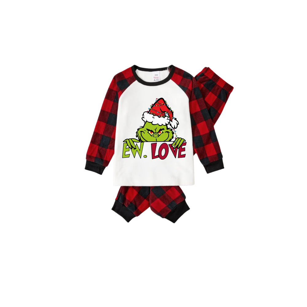 Red and Black Plaid Christmas Pajamas Set With Grinch and "Ew Love" Print