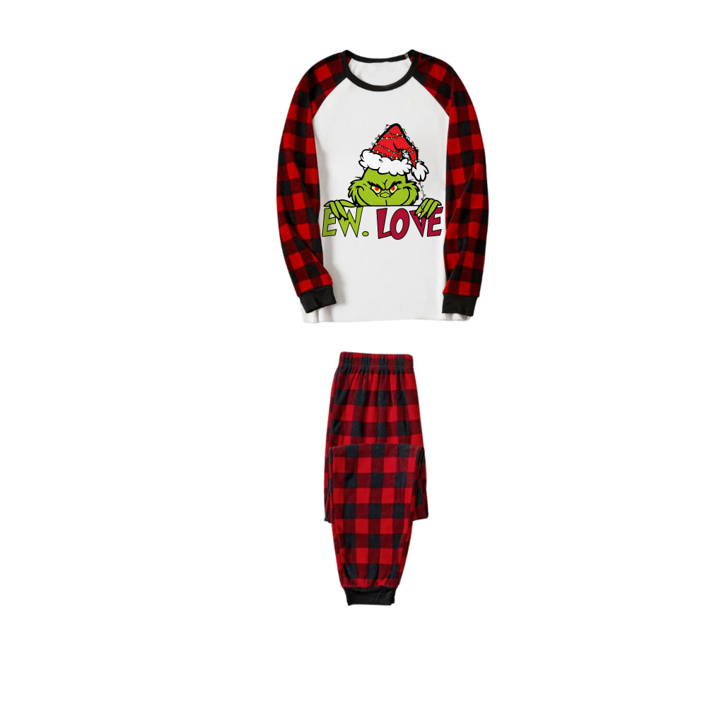 Red and Black Plaid Christmas Pajamas Set With Grinch and "Ew Love" Print