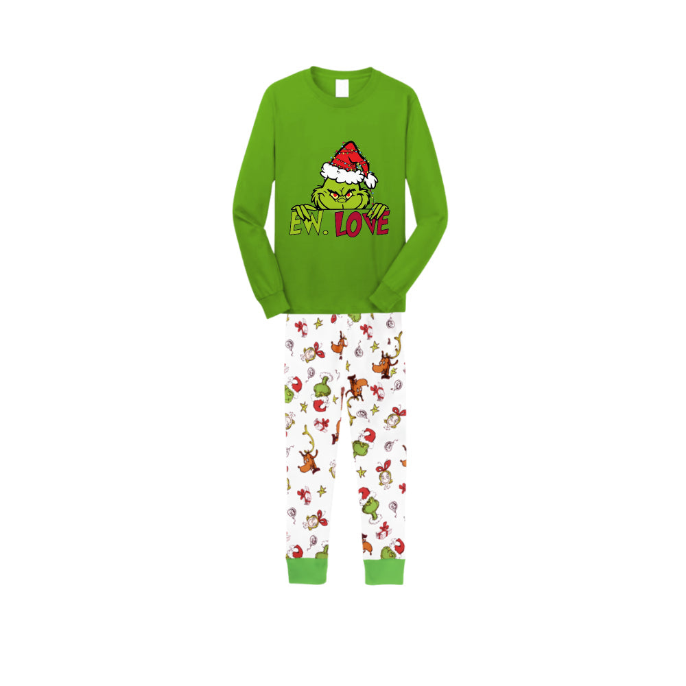 Christmas Family Matching Pajamas-Green Top and Grinch Pants Pjs Set with Grinch and "Ew Love" Print