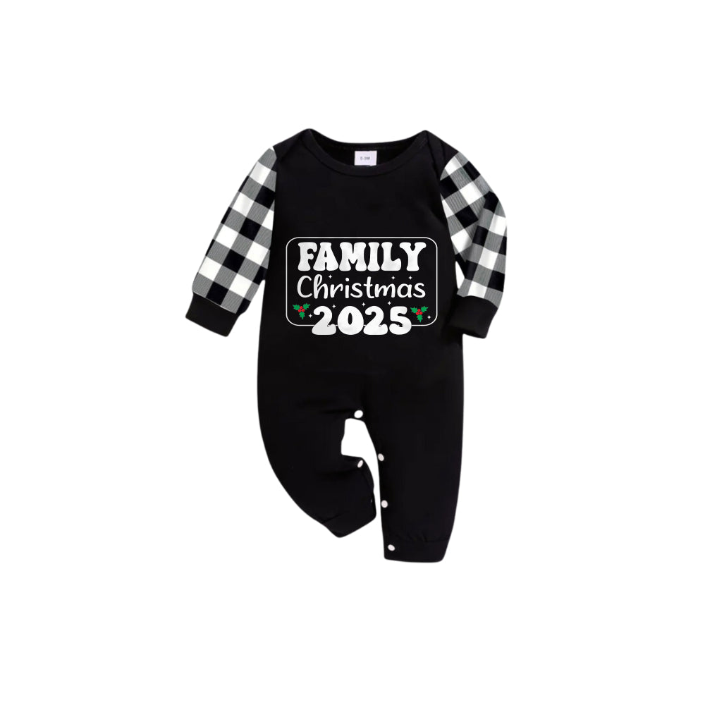 Black and White Plaid Short Sleeve Christmas Pajamas Set With Holiday Slogan Print