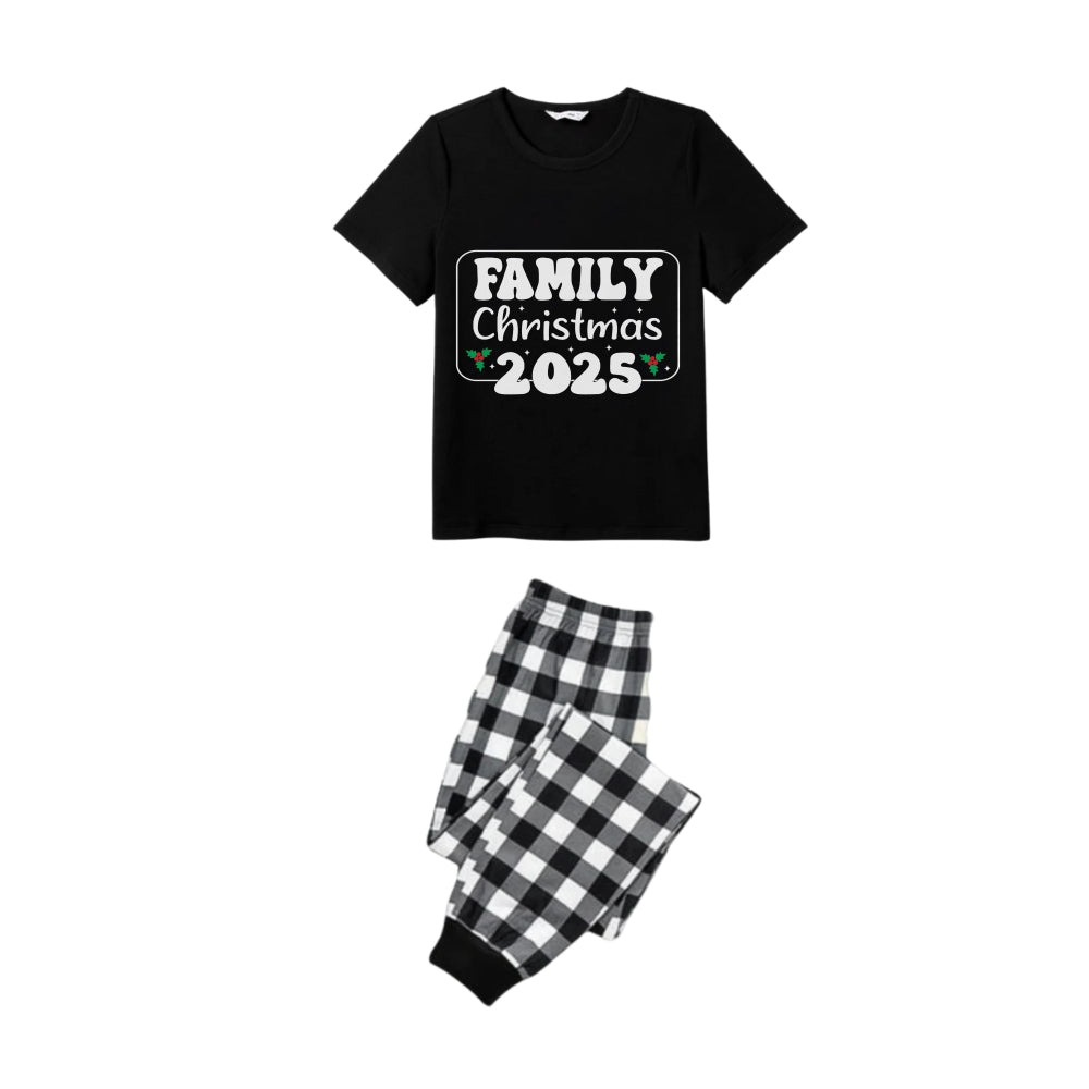 Black and White Plaid Short Sleeve Christmas Pajamas Set With Holiday Slogan Print